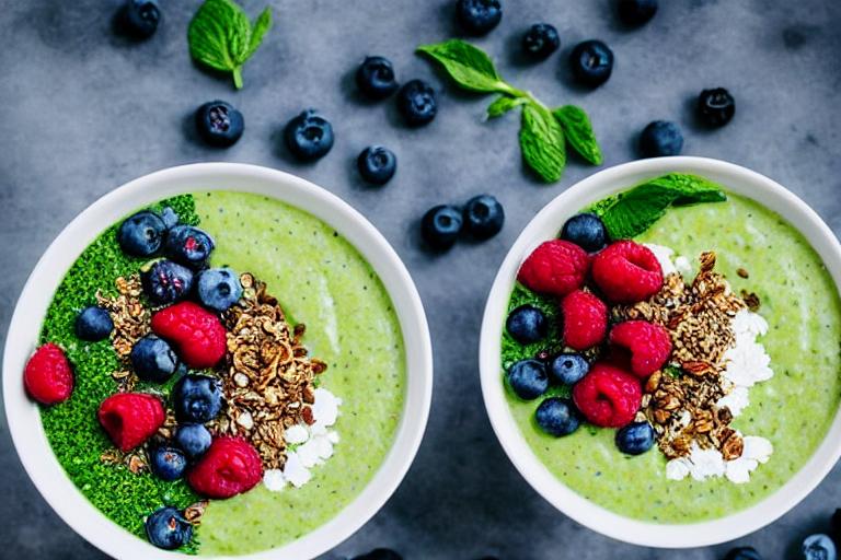 Green Smoothie Bowl with Granola, Chia Seeds, and Berries