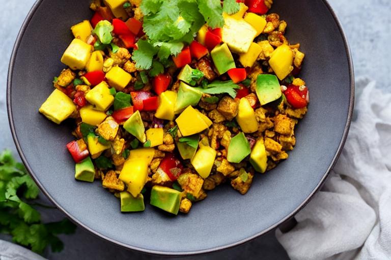 Spicy Tofu Scramble Breakfast Bowl with Mango Salsa